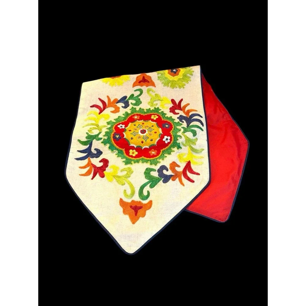 Pier 1 40x13” Primary Color Embroidered Table Runner Floral Design Cotton Linen